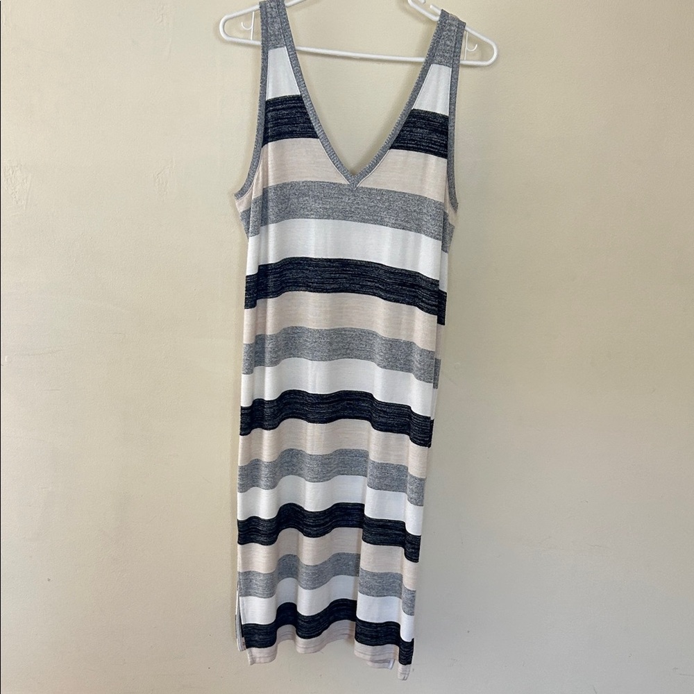 GAP Striped V-Neck Tank Dress in Black, Gray, and Cream